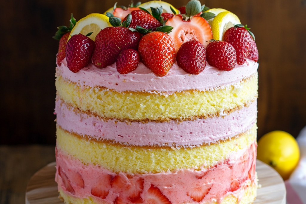 strawberry cake, lemon dessert, layered summer cake recipe, easy cake recipe.