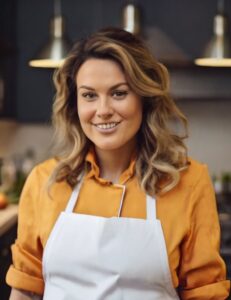 A smiling woman in a bright orange blouse and white apron, standing in a cozy home kitchen with warm lighting and modern decor