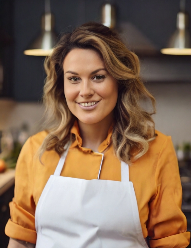 A smiling woman in a bright orange blouse and white apron, standing in a cozy home kitchen with warm lighting and modern decor