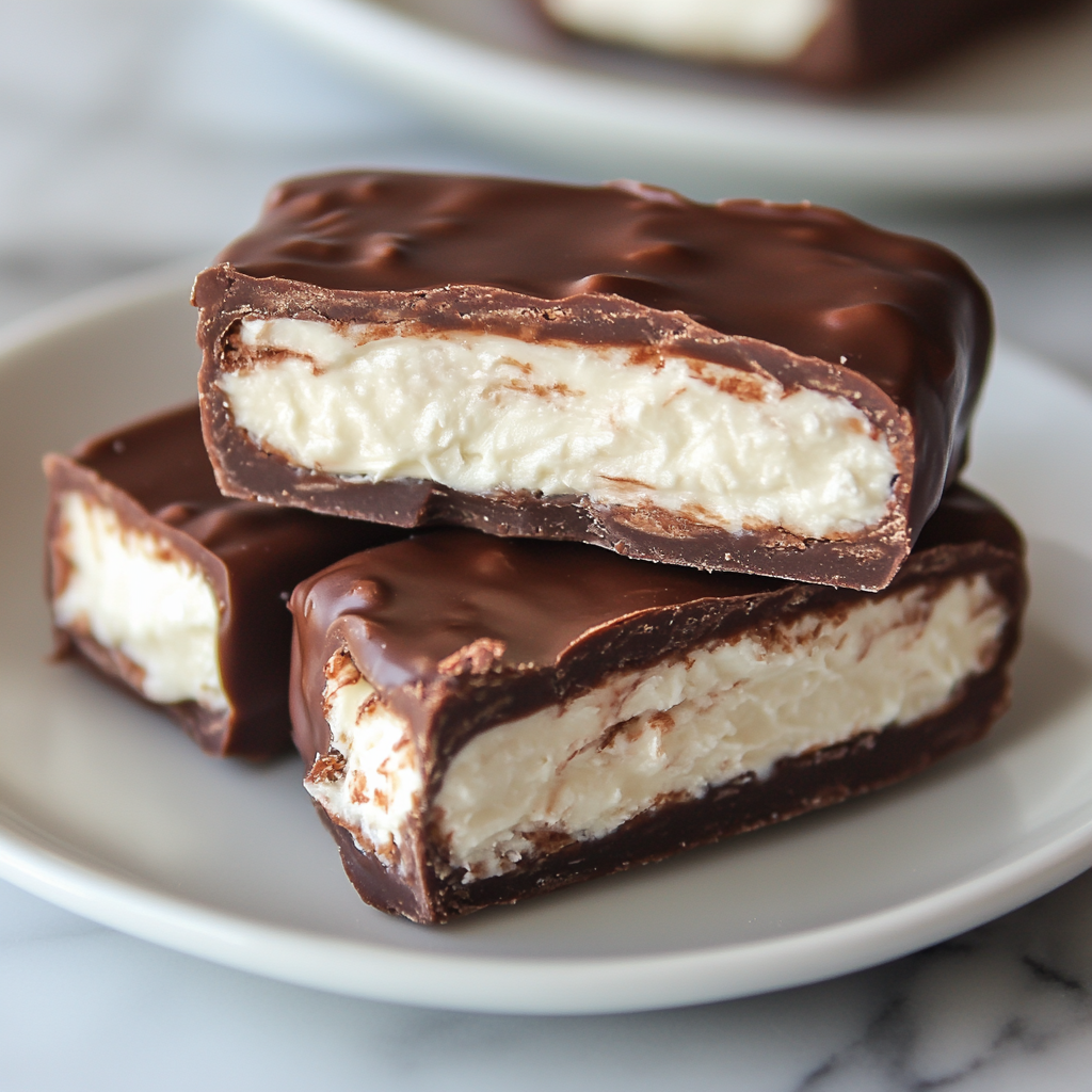 Stack of rich homemade bounty bars with a thick, creamy coconut filling between smooth layers of chocolate, displayed on a marble surface