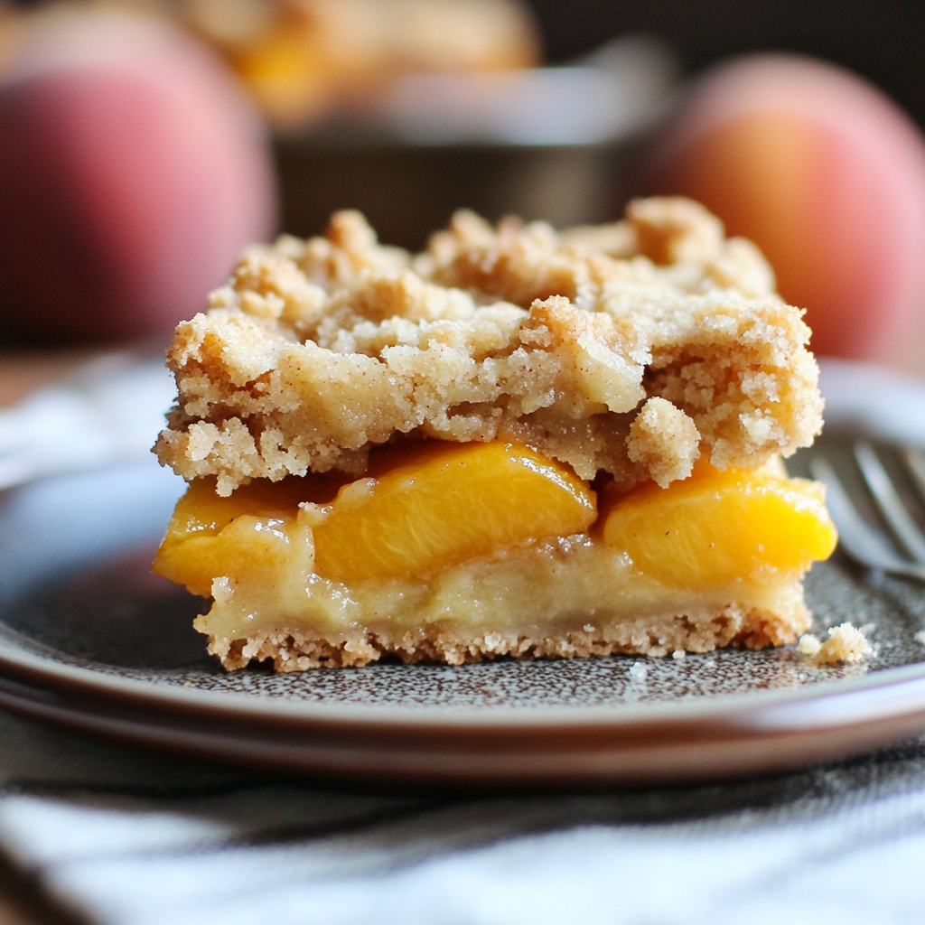 A close-up slice of peach crumb bar with layers of buttery crust, juicy peach slices, and a cinnamon crumble topping on a ceramic plate.