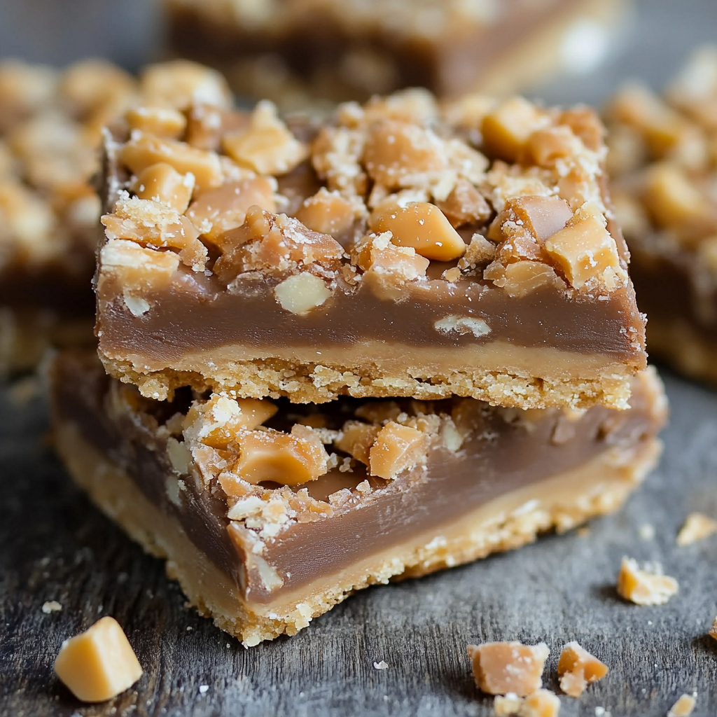 Stacked cake mix toffee bars topped with golden chopped toffee on a rustic wooden surface.

