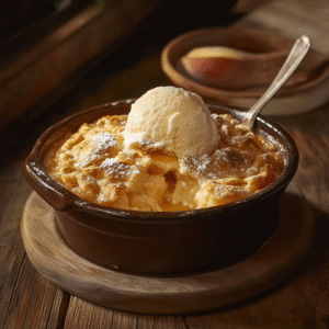 Warm peach cobbler served in a rustic bowl topped with a scoop of vanilla ice cream Title: Rustic Peach Cobbler with Vanilla Ice Cream