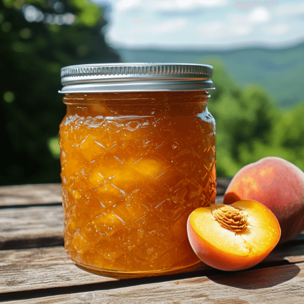 Jar of homemade peach jam with fresh peach on a wooden table outdoors.

