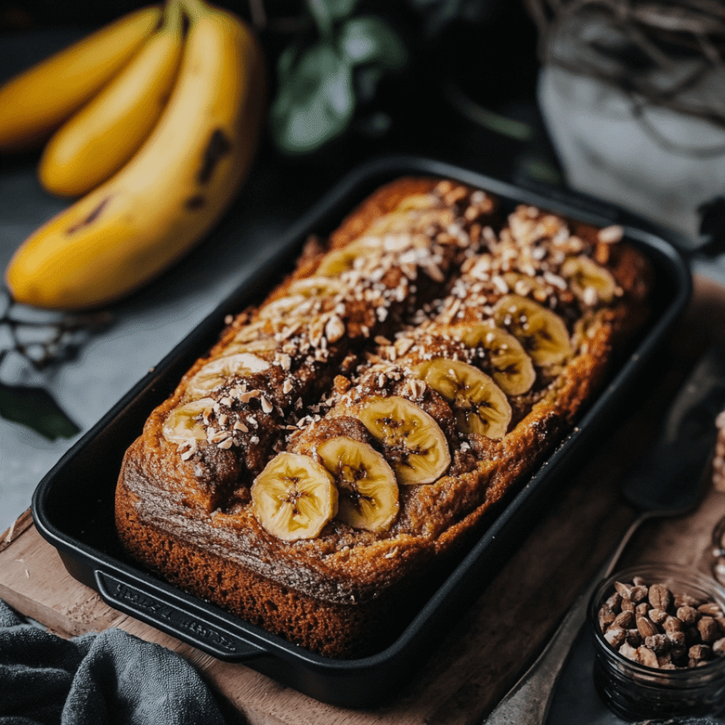 Golden banana bread topped with banana slices and chopped nuts in a black loaf pan.

