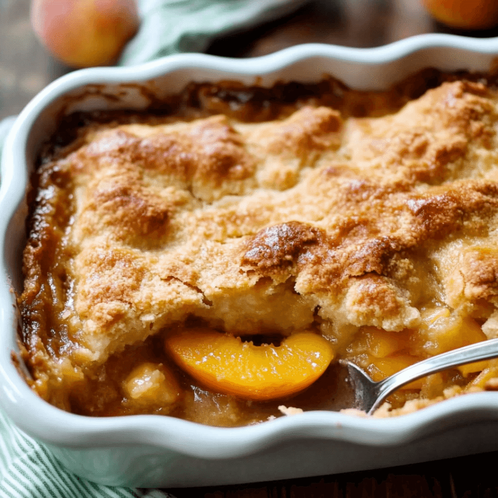 Homemade peach cobbler in a white baking dish with golden brown crust and sliced peaches