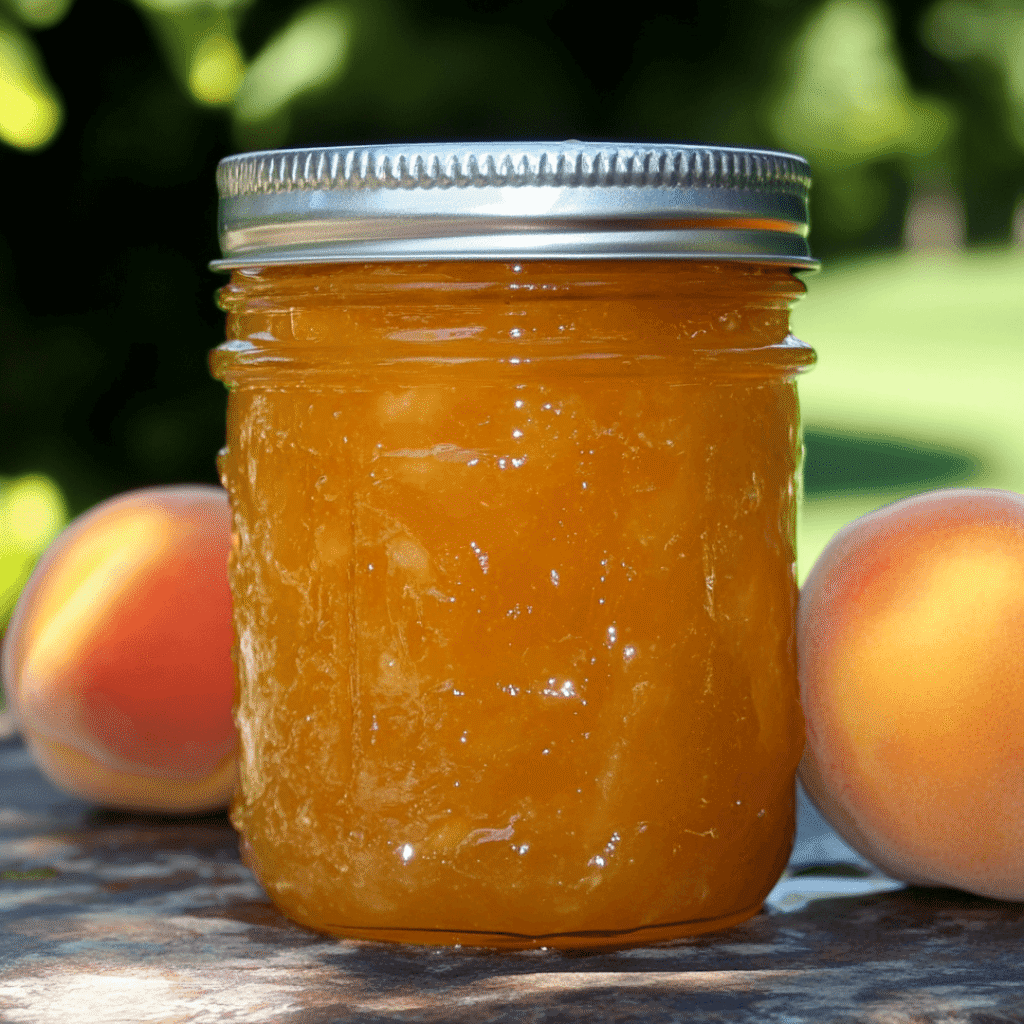 Smooth-textured peach jam in a mason jar, surrounded by fresh peaches.

