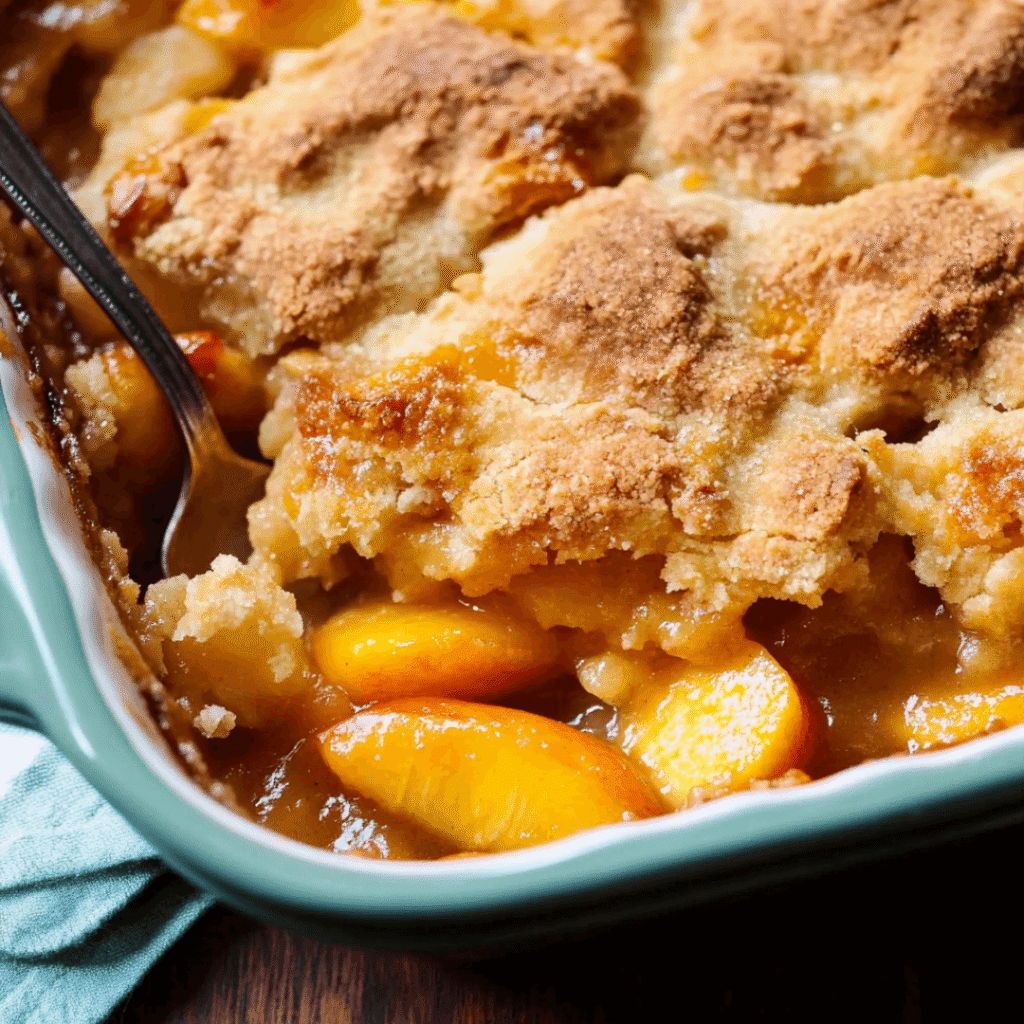 Close-up of peach cobbler with a spoon and caramelized peach filling