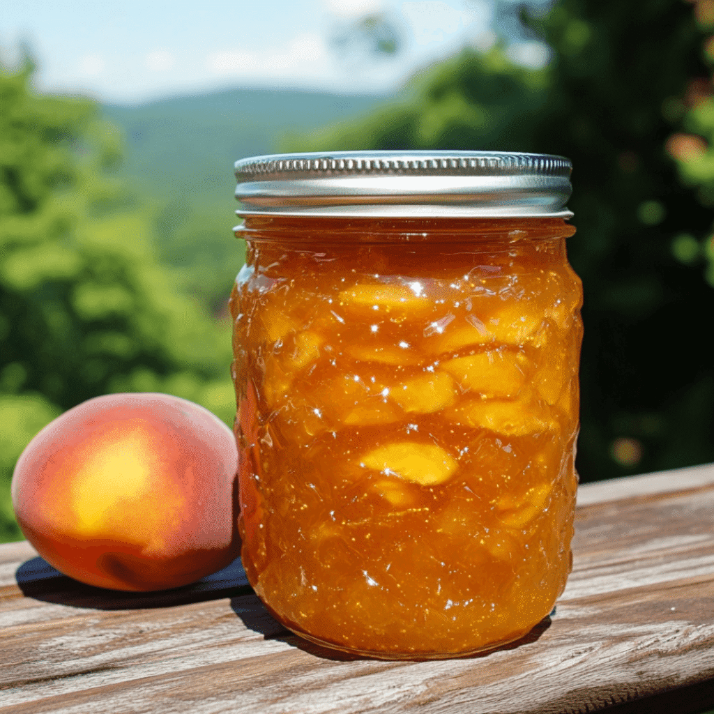 peach jam in a mason jar, surrounded by fresh peaches.