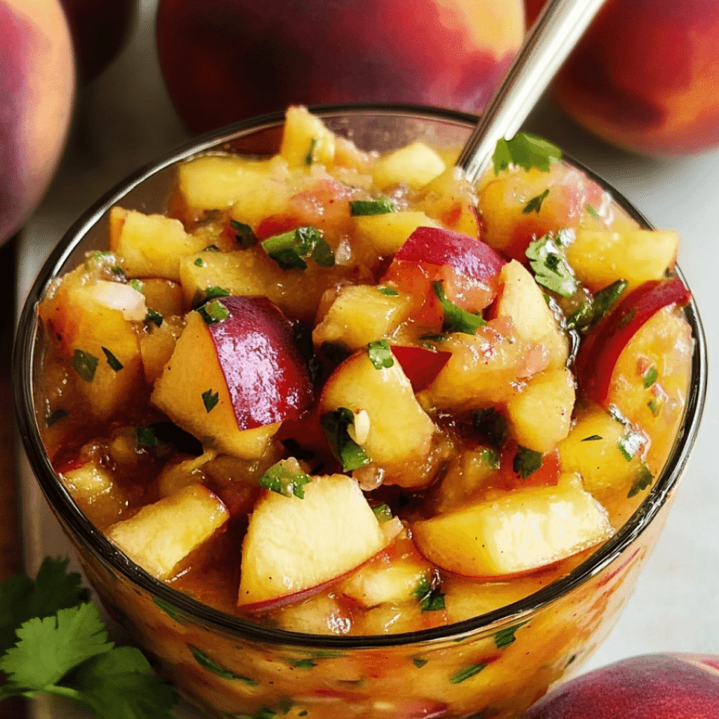 peach salsa with visible cilantro and red-skinned peach chunks.