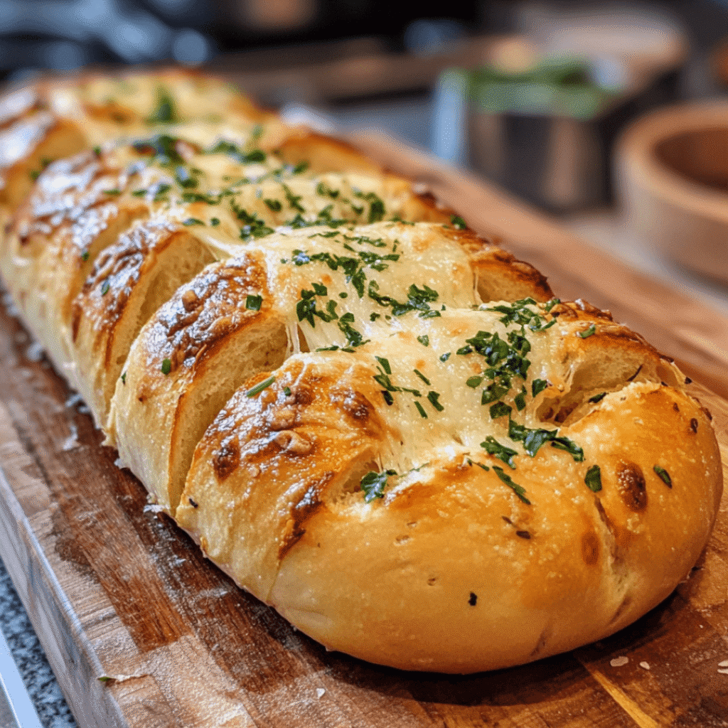 Pull-apart garlic bread loaf with melted cheese and parsley on a wooden board.

