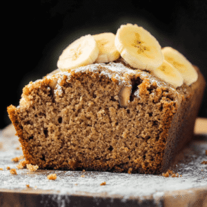 Cross-section of fluffy banana bread topped with fresh banana slices and a dusting of powdered sugar.