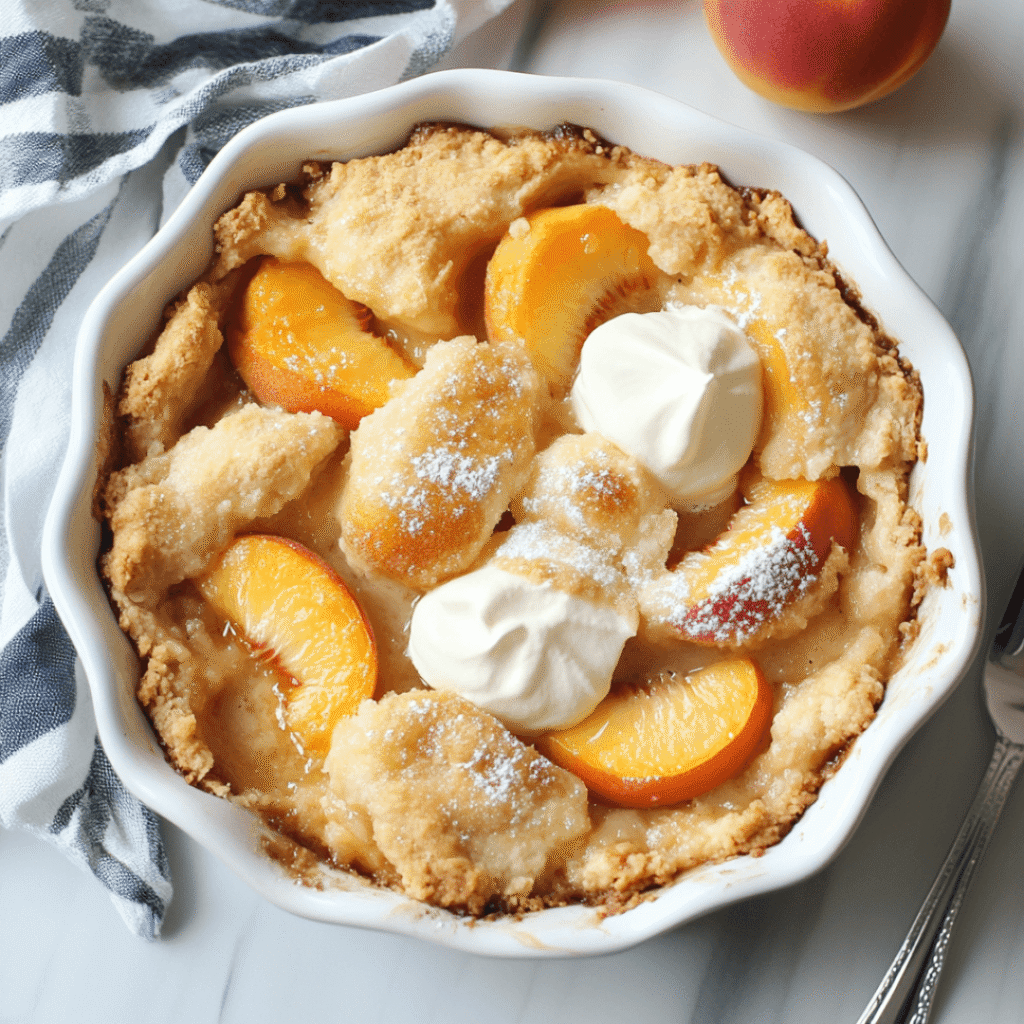 peach cobbler recipe with fresh peach slices, whipped cream, and powdered sugar in a fluted pie dish