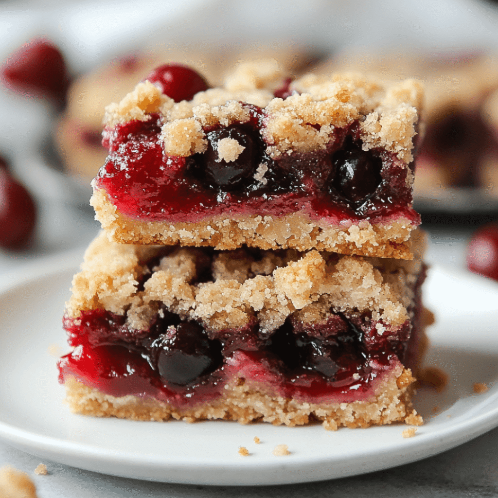 Two stacked cherry crumb bars on a white plate with vibrant cherry filling and crumb topping.