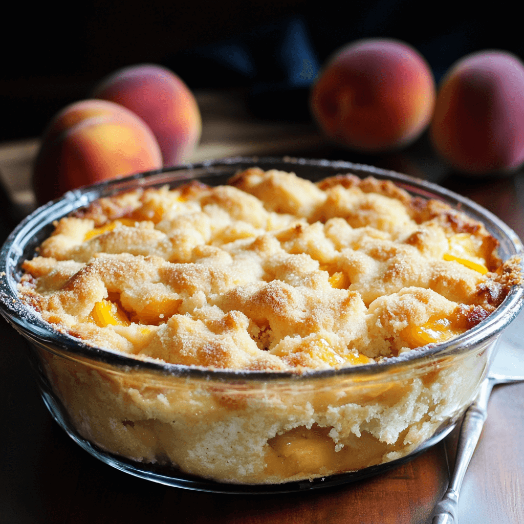 Peach dump cake with sugar crust in a clear glass baking dish, surrounded by fresh peaches