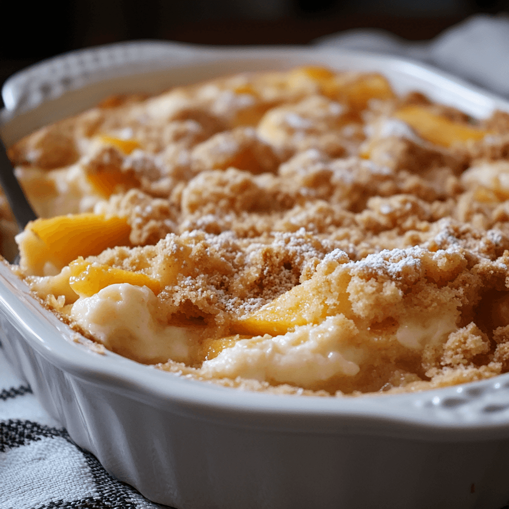 Close-up of peach dump cake with crumb topping and powdered sugar dusting