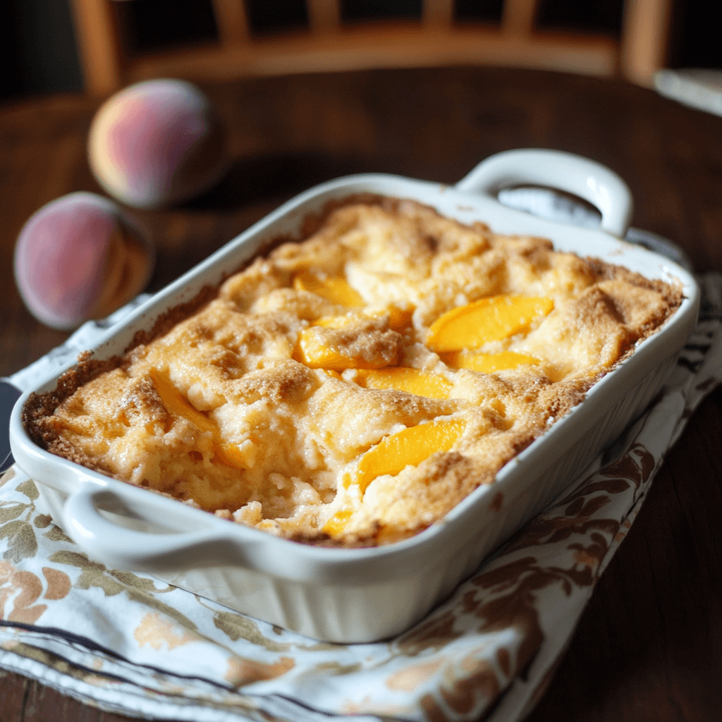 Baked peach dump cake with golden brown crust and peach slices in a white casserole dish