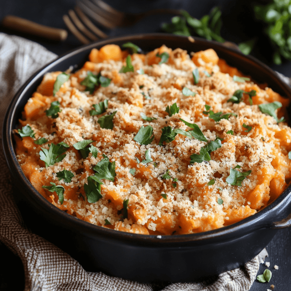 Bowl of roasted sweet potatoes topped with chopped nuts and garnished with rosemary