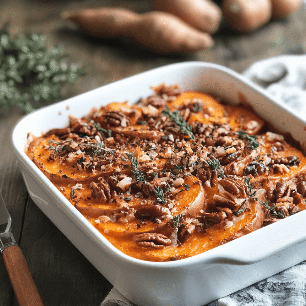Baked sweet potato apple dish in a white casserole topped with pecans and herbs