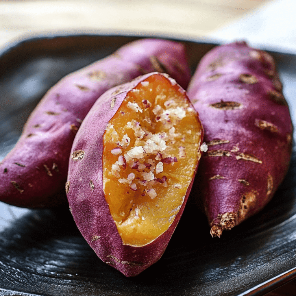 Roasted Japanese sweet potato split open, showing golden flesh topped with coarse salt.