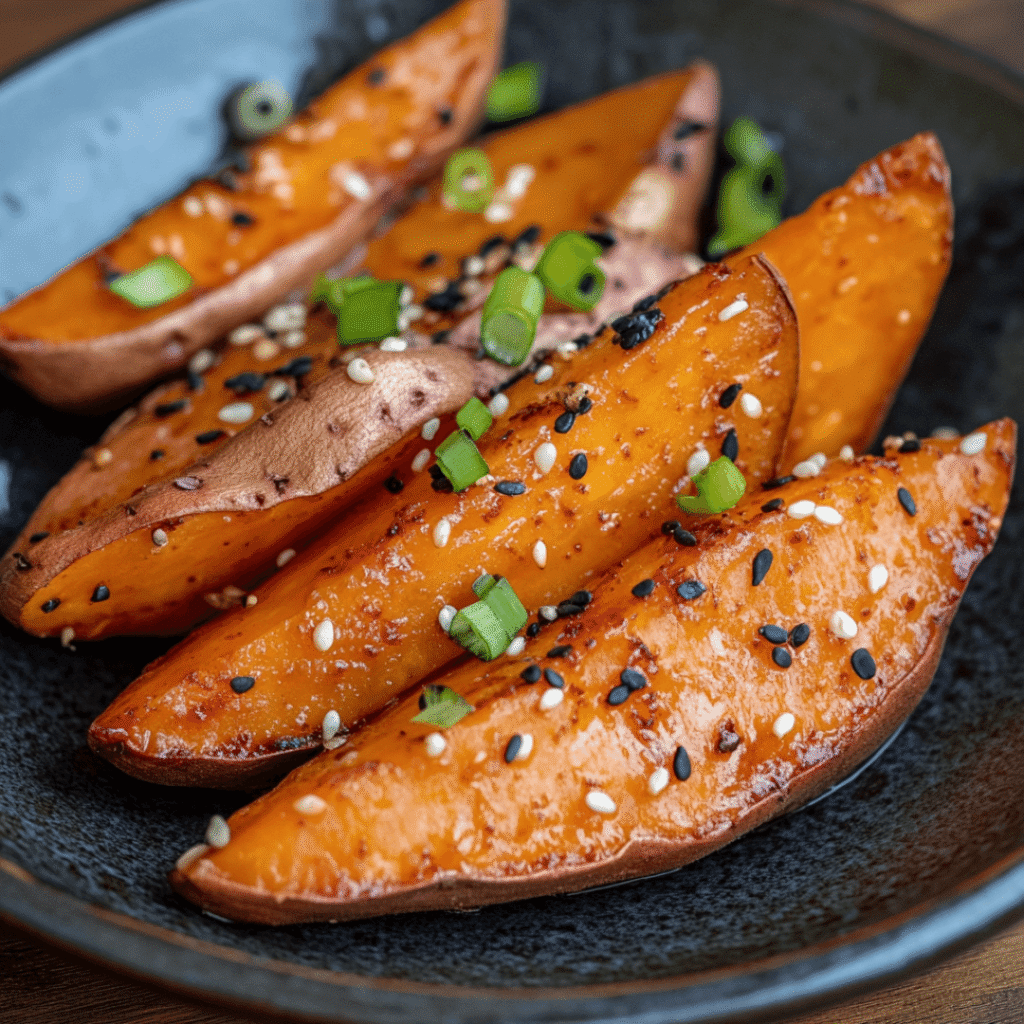 Sliced roasted Japanese sweet potatoes with sesame seeds and chopped scallions.