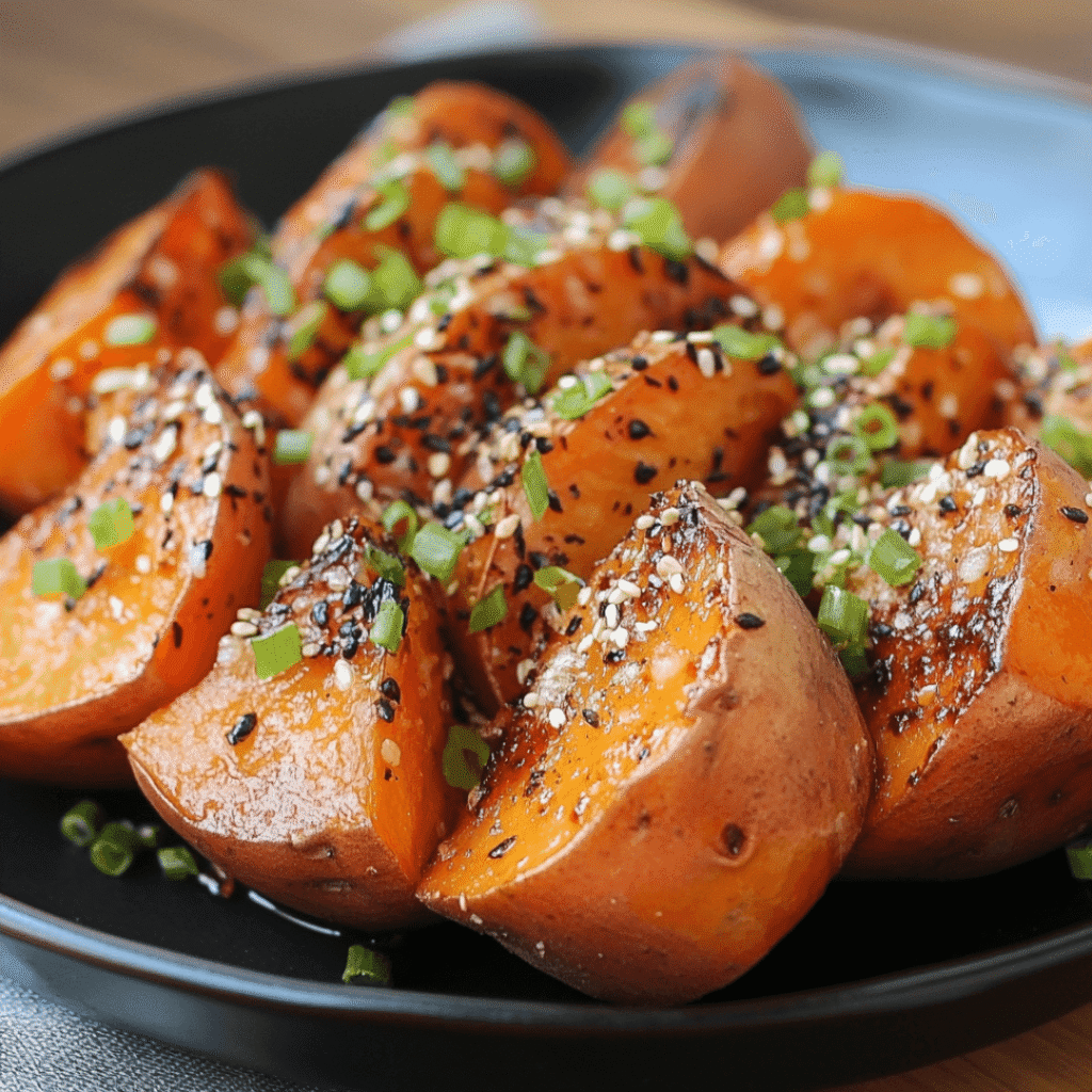 Chunky roasted Japanese sweet potato pieces garnished with sesame seeds and green onions.