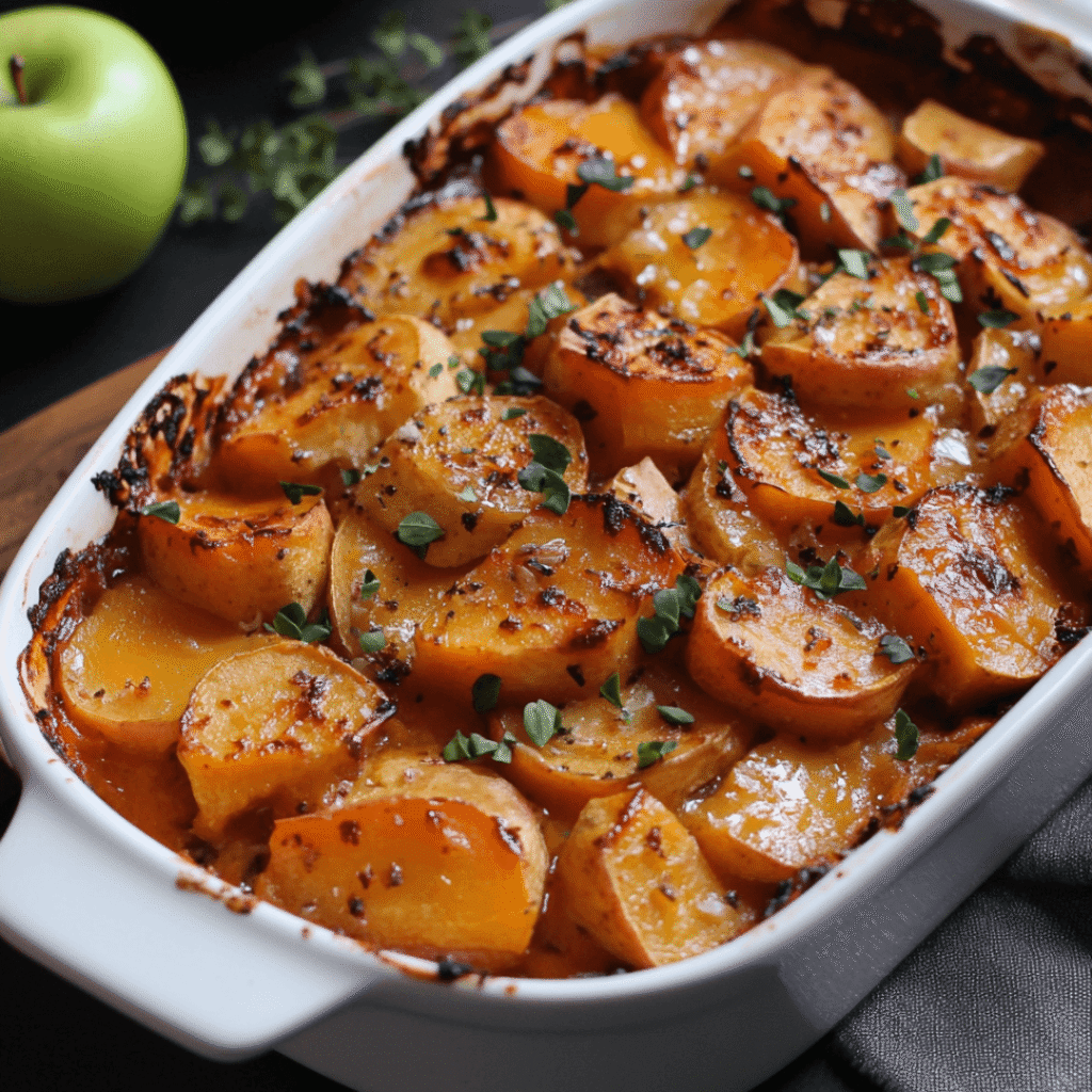 Herb-roasted sweet potato and apple slices in a white baking dish, garnished with fresh herbs.