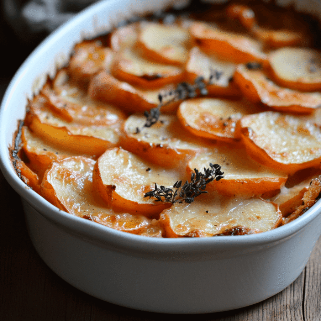 Sweet potato and apple casserole topped with a brown sugar crumble in a blue baking dish.