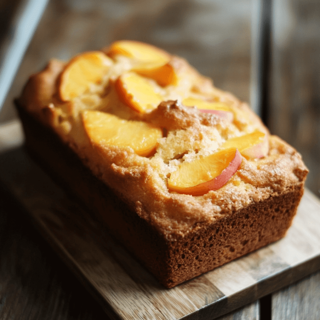 A loaf-style peach tea cake topped with fresh peach slices on a wooden board.

