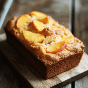 A loaf-style peach tea cake topped with fresh peach slices on a wooden board.