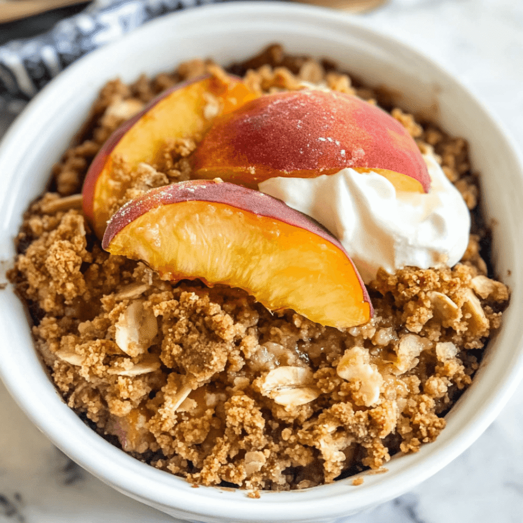 Peach crisp in a white bowl with crunchy oat topping and fresh peach slices.