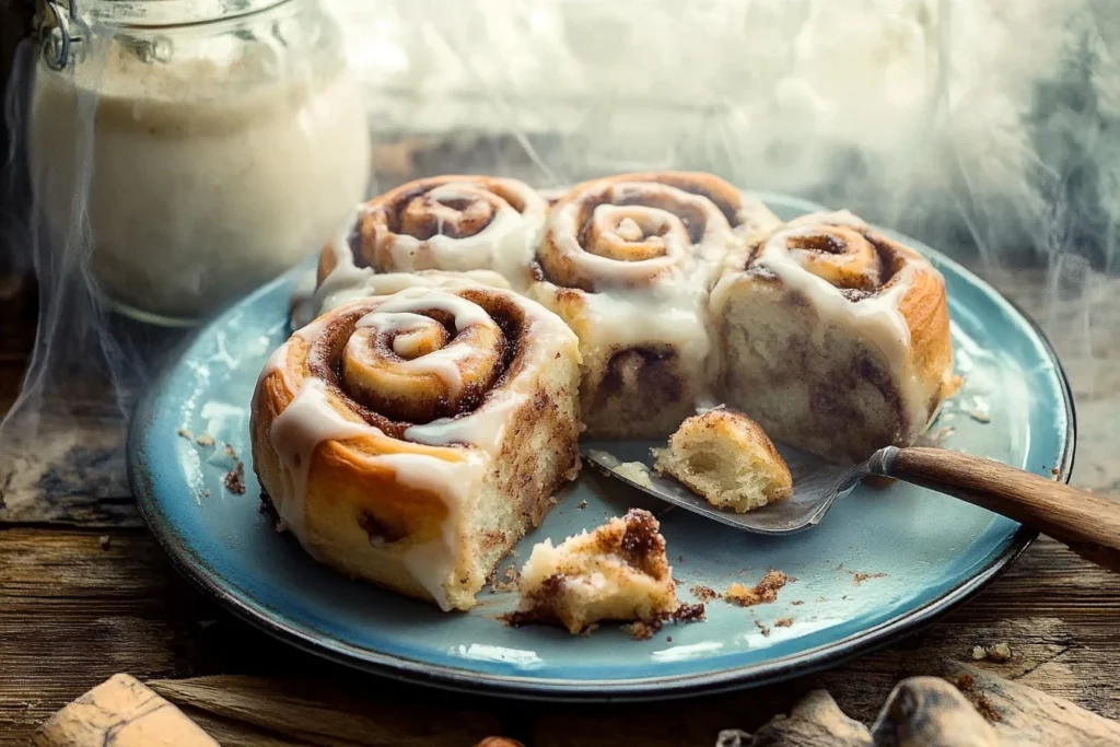 Freshly baked easy cinnamon rolls from scratch on a rustic table
