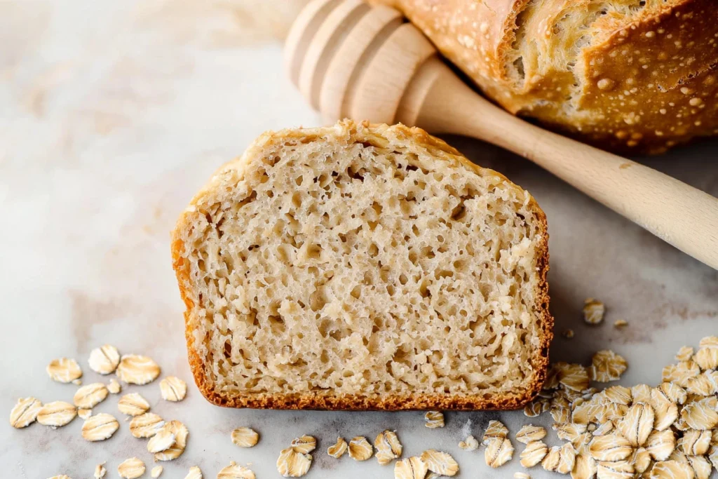 Freshly baked honey oat bread loaf on a cooling rack