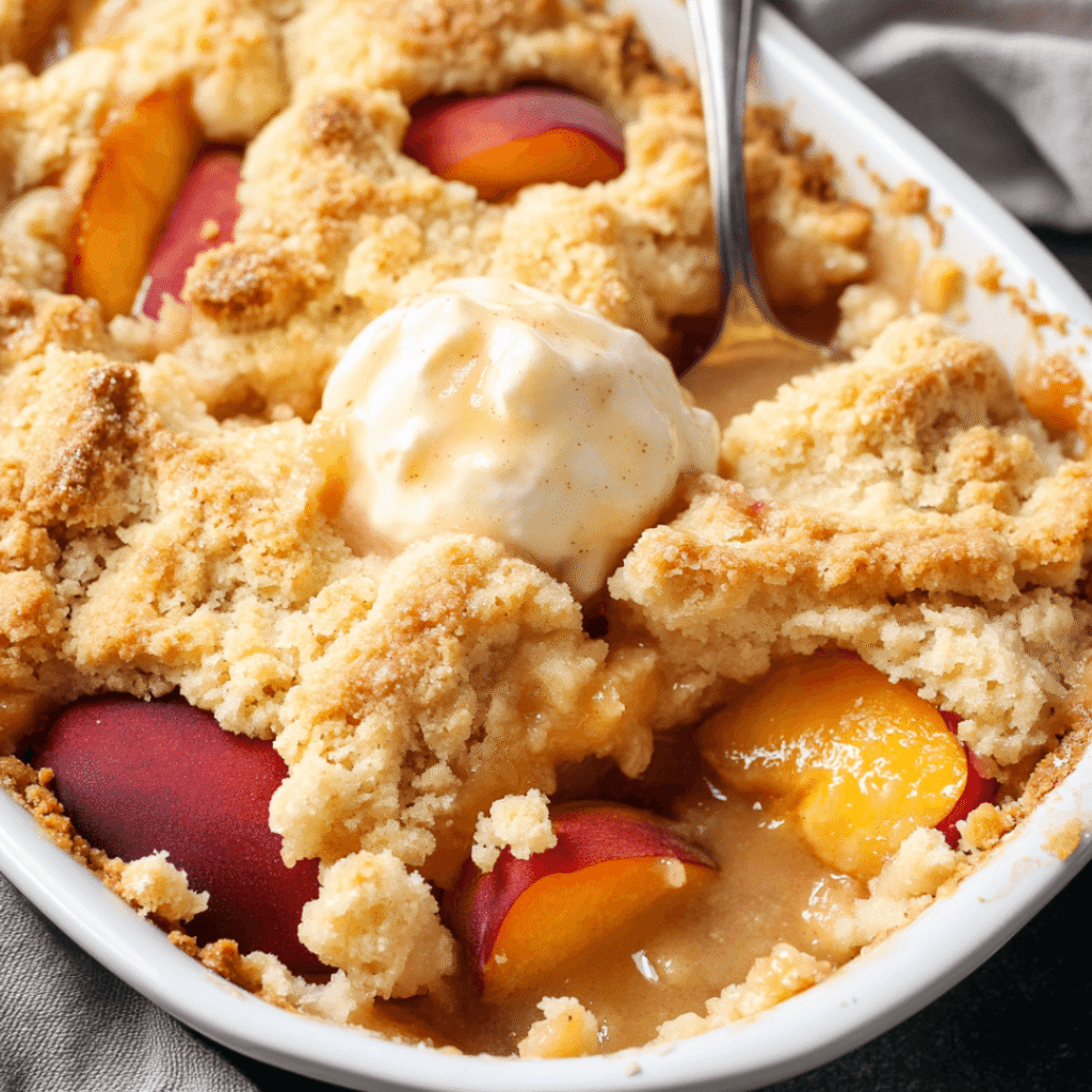 Freshly baked peach cobbler topped with a scoop of vanilla ice cream in a white baking dish.