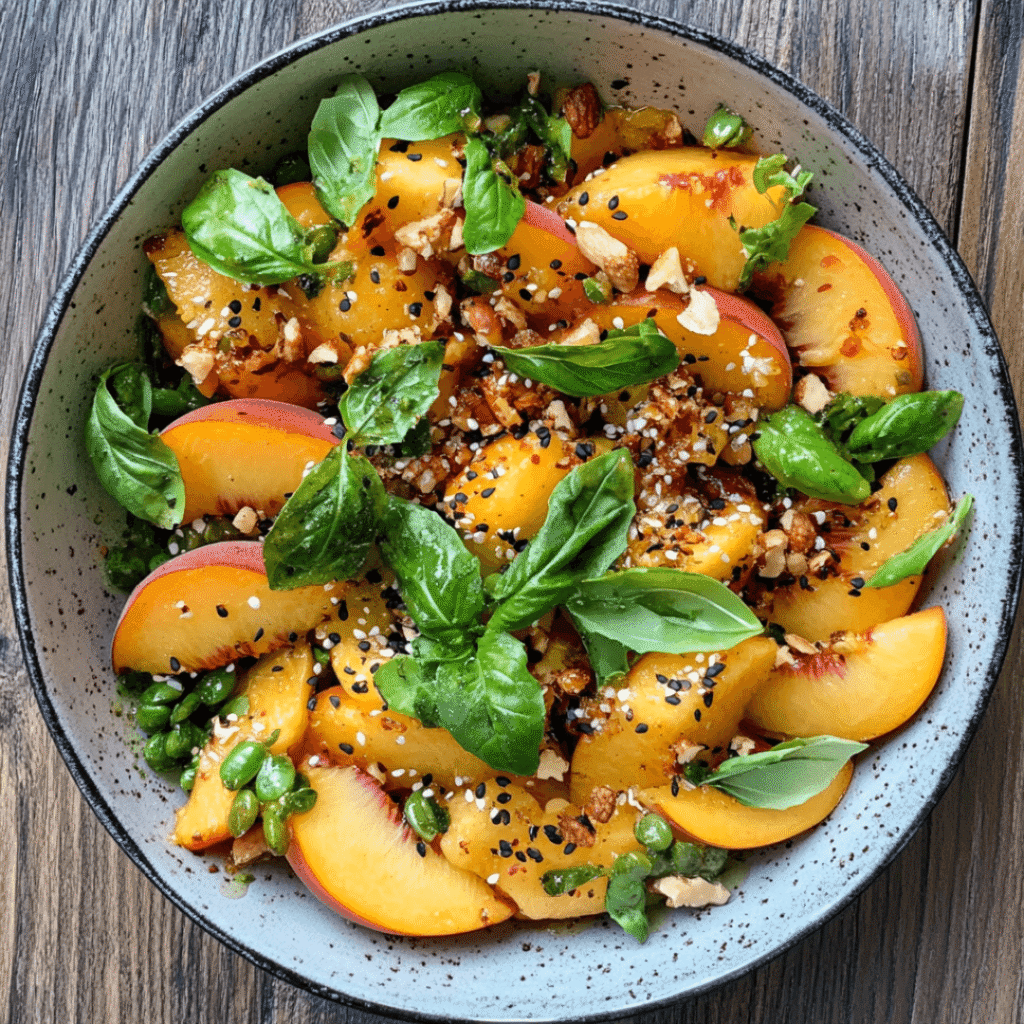  Peach salad with basil, crushed nuts, sesame seeds, and green peas