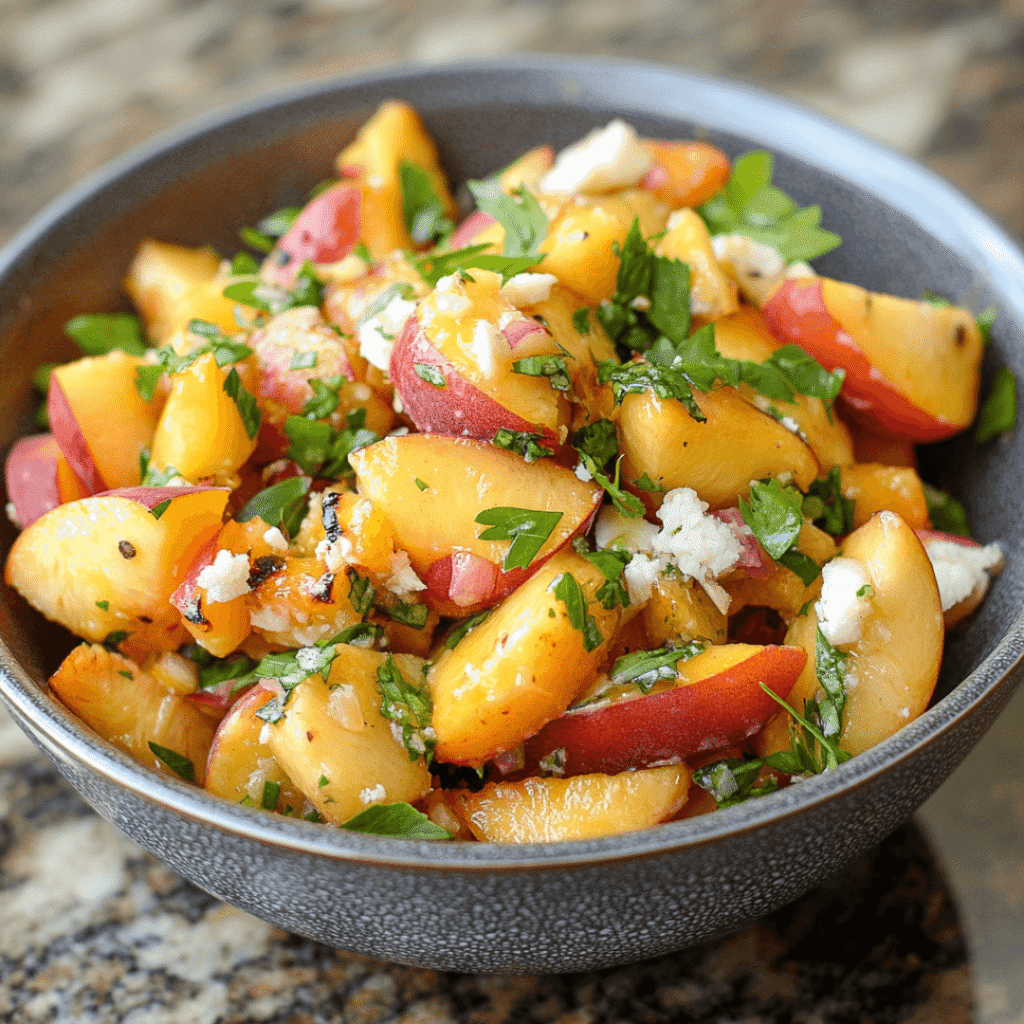 Chopped peach salad with feta cheese and fresh herbs