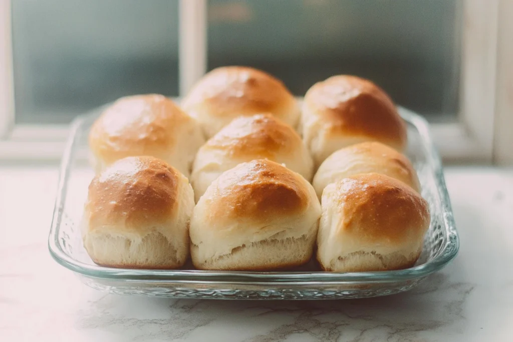 Freshly baked soft dinner rolls on a wooden table